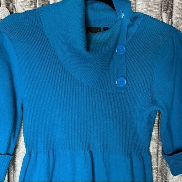 Take Out Turquoise Turtleneck Button Accent Elbow Length Sweater Dress Large - Picture 3 of 14